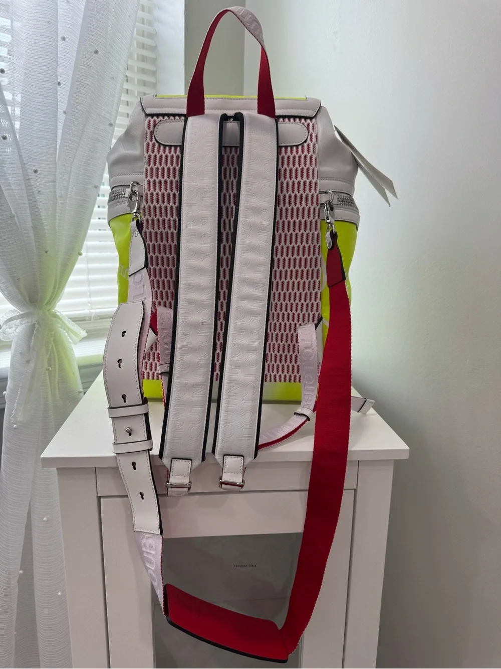 Christian Louboutin White and Neon Yellow Drawstring Backpack